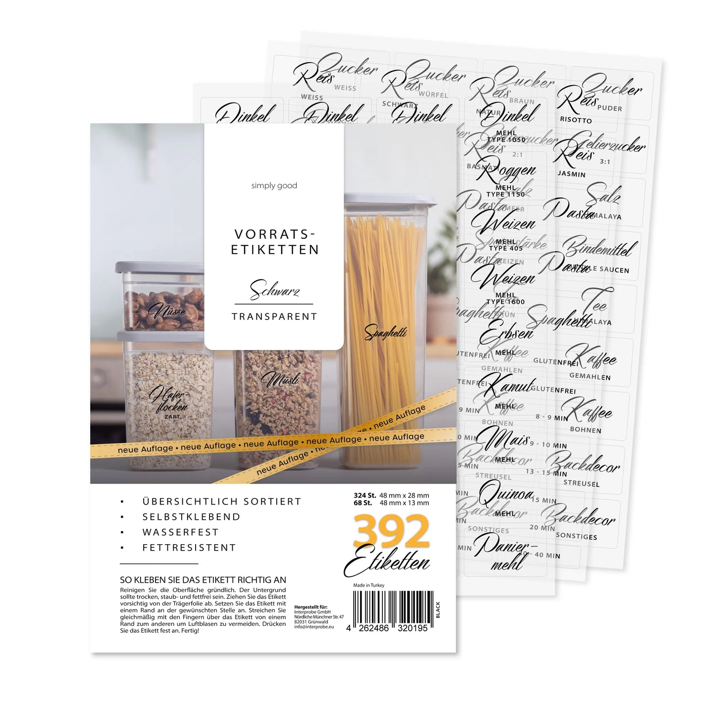 Etiketten für Vorratsdosen - Schrift auf transparenter Folie Schwarz 392 Stück