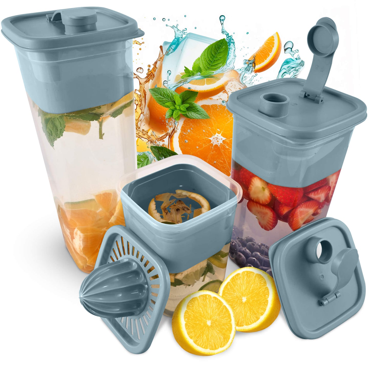 Getränkedosen mit Sieb & Saftpresse 3er Sets - Blau